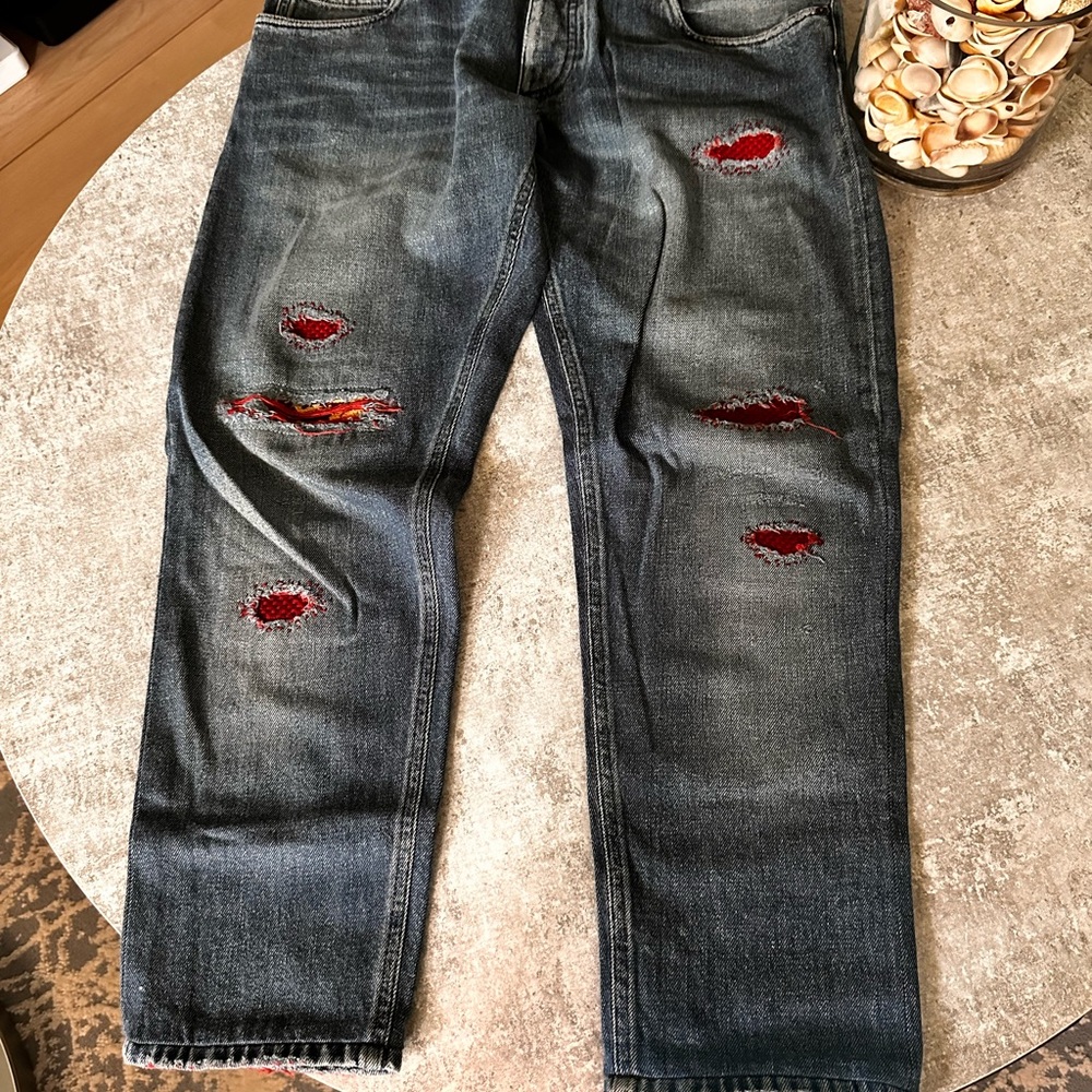 Dolce & Gabbana Blue and Red Straight Jeans with Distressed Details
